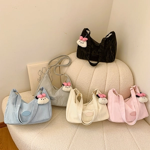 Minimalist pleated faux leather shoulder bags in five colors with cute bunny charms