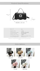 Detail view of the elegant rectangular bag showing size specs and luxury crystal buckle