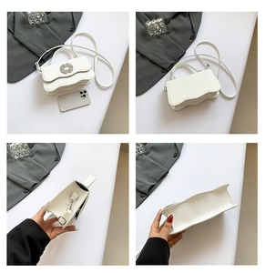 Detailed four-angle view of white faux leather crossbody bag with rhinestone buckle