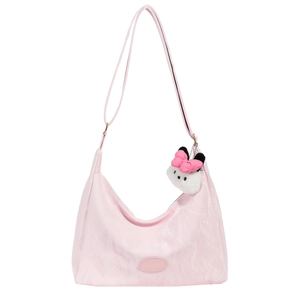Pink large capacity hobo bag with pleated texture and cute white plush cat charm