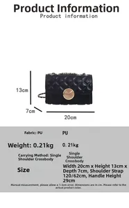 Detailed view of black quilted crossbody bag with gold hardware and size dimensions