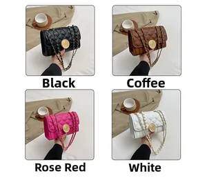 Quilted chain shoulder bag available in black, coffee, fuchsia, and white colors