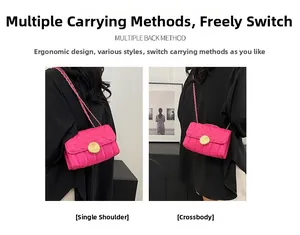 Pink quilted crossbody bag with gold buckle shown in shoulder and crossbody styles