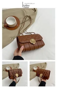 Detailed views of a coffee brown quilted crossbody bag with gold hardware and chain strap