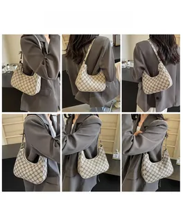 Multiple views of a vintage crescent hobo bag with geometric print on a female model