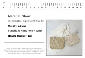 Detail of straw tote bag showing floral embroidery, lace ribbon, and dimensions 20x16x4cm
