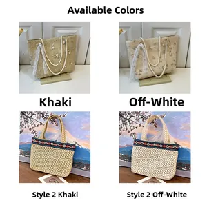 Detail of straw tote bags with floral embroidery and ethnic ribbons in khaki and cream