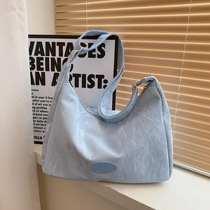 Women Korean Style PU Leather Shoulder Bag Solid Color Crinkled Texture Tote Bag Large Capacity Commuting Crossbody Bag