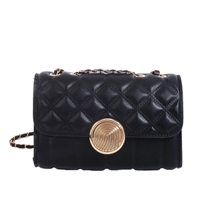 Mini quilted black shoulder bag with gold hardware and elegant chain strap in square shape