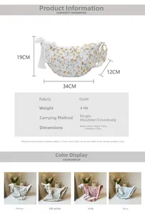Detailed size chart and multi-color view of floral canvas hobo bag with lace bow detail