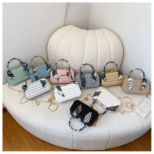 Detailed collection of nine plaid PU leather handbags with silk scarf wrapped handles