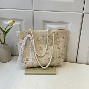 Women Straw Woven Tote Bag Flower Embroidery Lace Bow Summer Beach Handbag Pastoral Style Handcrafted Casual Elegant