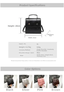 Detailed size chart and multi-color specifications for the PU leather casual backpack