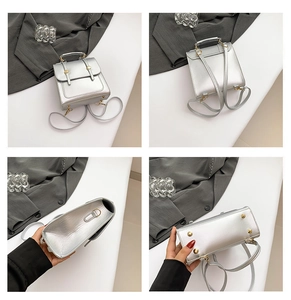 Silver metallic mini backpack showing front, back, interior, and bottom stud details
