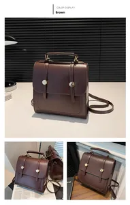 Detail view of dark brown faux leather backpack with vintage metal buckles and top handle