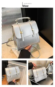 Detailed views of a metallic silver backpack with magnetic gold buckles and top handle