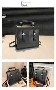 Detailed views of a black faux leather backpack with gold buckles and vintage flap design