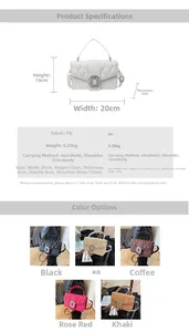 Detailed size specifications and color options for the quilted handbag with crystal buckle