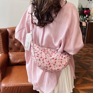 Women Canvas Half Moon Crossbody Bag Floral Print Hobo Bag With Lace Bow Sweet Korean Style Shoulder Bag For Daily
