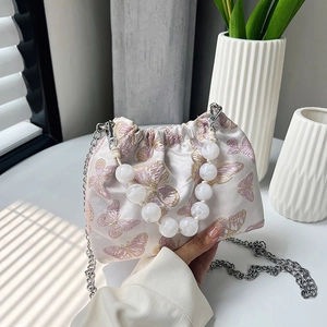 Butterfly Embroidery Handbag With Artificial Pearl Handle And Metal Chain New Chinese Style Satin Crossbody Bucket Bag For Women