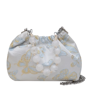 New Chinese style bucket bag with butterfly embroidery and white beaded handle