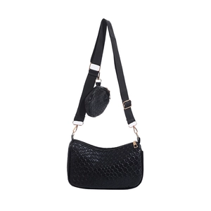 Sac baguette noir tissé avec porte-monnaie rond et large bandoulière ajustable
