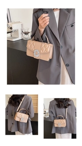 Detailed views of apricot quilted handbag with rhinestone buckle and silver chain strap