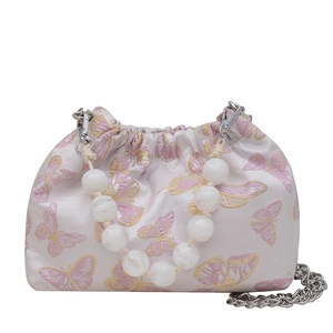 Elegant butterfly jacquard bucket bag with pearl handle and silver chain strap