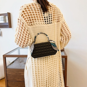 Retro geometric box handbag with chic patterned silk scarf and gold chain detail