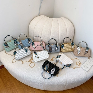 Quilted box handbags with silk scarf handles and chain straps in assorted colors