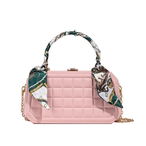 Pink checkered hard shell box bag with silk scarf handle and gold chain strap