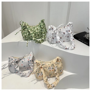 Floral print shoulder bags with ruched handles and side bow knots in four soft colors