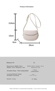 Detailed size specifications for the cream white semi-circle PU leather saddle crossbody bag