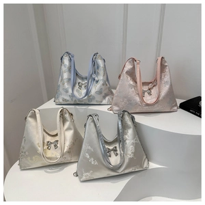 Silk texture tote bags with elegant Chinese floral embroidery in four pastel colors