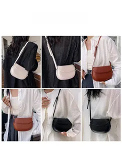 Three-color minimalist leather saddle bags shown on models with adjustable straps