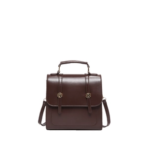 Deep brown vintage faux leather backpack with gold metal buckles and top handle