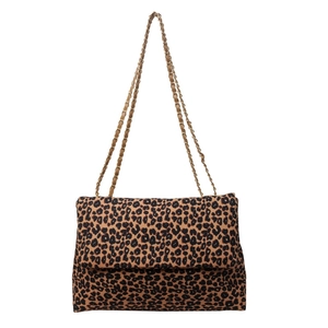 Stylish leopard print crossbody bag with golden chain strap on a white background