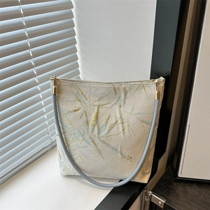 Women Embroidered Shoulder Bag New Chinese Style PU Leather Bucket Bag Elegant Butterfly Bamboo Leaf Pattern Underarm Handbag