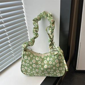 Sac Sous Les Aisselles Hobo Imprimé Floral Tissu Bandoulière Plissée Noeud Décor Style Pastoral Doux Pour Femmes Sac À Épaule