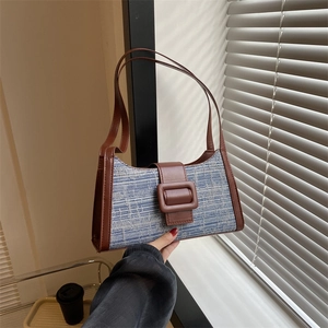 Sac Sous Le Bras Rétro Femmes Tweed Denim Texture Simili Cuir Couleur Contrastée Grande Boucle Carrée Sac À Épaule