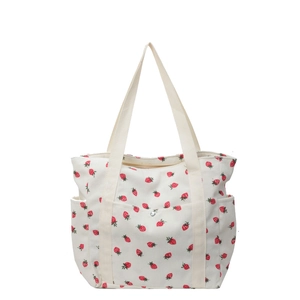 Sac cabas blanc en velours côtelé avec imprimé fraise et anses crème sur fond blanc pur