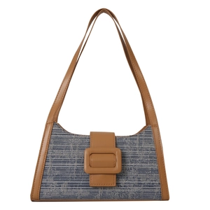 Sac à main rétro en tissu bleu avec garniture en cuir marron et boucle carrée élégante