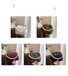 Sequin evening clutch bags in five colors with pearl handle and golden chain straps