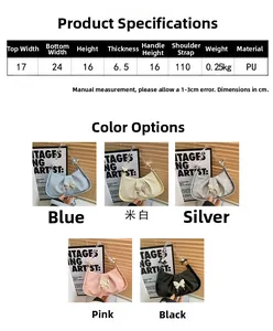 Detailed size chart and color specifications for the women's PU leather crescent bag