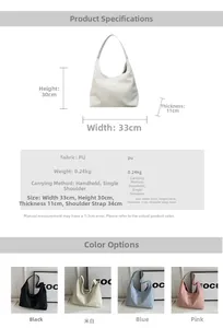 Spécifications de taille pour le sac fourre-tout demi-lune en PU en plusieurs couleurs