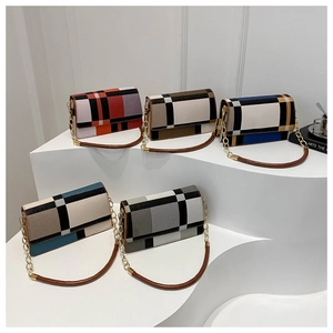 Plaid Color Block Shoulder Bag For Women PU Leather Crossbody Bag With Gold Chain Retro Niche Small Square Bag