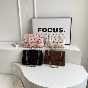 Chic strawberry corduroy shoulder bags with leather chain straps in four trendy colors