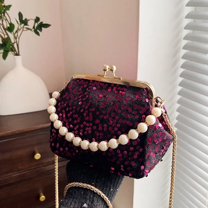 Women Sequin Evening Bag With Artificial Pearl Handle And Gold Chain Strap Shiny Kiss Lock Shell Crossbody Clutch Purse