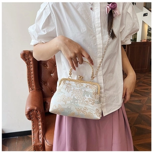Dettaglio di borsa ricamata vintage con motivi di giardini cinesi e tracolla a catena