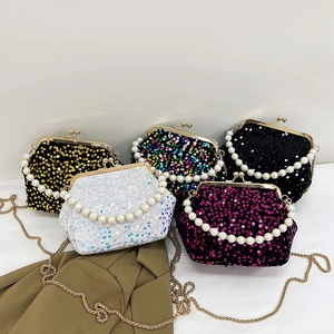 Sparkly sequin evening bags with pearl chains and vintage clasps in multiple colors